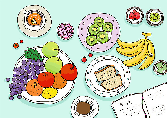 PSD 그릇 접시 커피 음식 빵 과일 라인일러스트 일러스트 딸기 포도 티타임 바나나 키위 사람없음 책 차 사과 커피잔 찻잔 레몬 레시피 국내일러스트 식기 음료 휴식 잔 파일형식