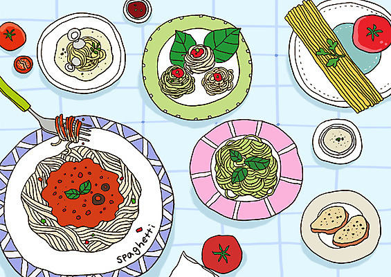 PSD 음식 빵 포크 토마토 채소 라인일러스트 일러스트 파스타 서양음식 스파게티 사람없음 면류 면 양념 레시피 당면 국내일러스트 식기 파일형식