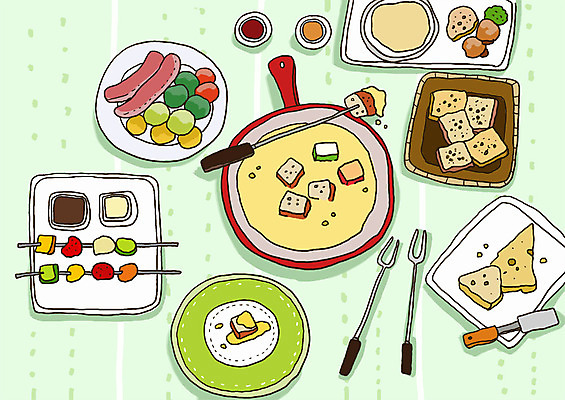 PSD 그릇 접시 음식 빵 라인일러스트 일러스트 치즈 사람없음 소시지 스위스 제빵 레시피 스위스음식 치즈퐁듀 퐁듀 국내일러스트 식기 유럽 유제품 서양음식 제과제빵 가공식품 파일형식