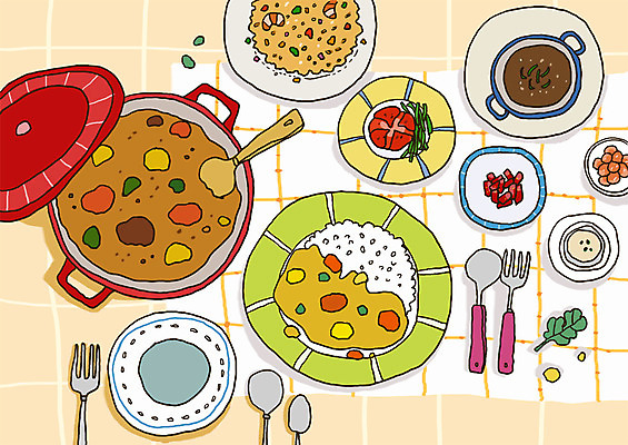 PSD 그릇 접시 음식 포크 라인일러스트 일러스트 밥 반찬 사람없음 숟가락 냄비 국자 볶음밥 카레라이스 국내일러스트 식기 주방용품 수저 솥 카레 파일형식