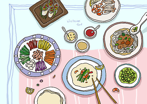 PSD 그릇 접시 음식 채소 과일 라인일러스트 일러스트 젓가락 새우 수저 사람없음 숟가락 버섯 양념 레몬 쌈 베트남 레시피 동남아음식 라이스페이퍼 월남쌈 국내일러스트 식기 갑각류 동남아시아 베트남음식 파일형식