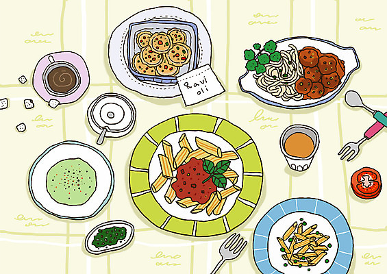 PSD 그릇 식기 접시 커피 음식 포크 토마토 라인일러스트 일러스트 파스타 서양음식 스파게티 사람없음 숟가락 커피잔 찻잔 레시피 미트소스스파게티 식기도구 국내일러스트 음료 채소 잔 수저 파일형식