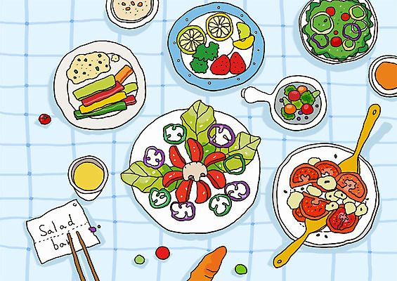 PSD 그릇 접시 음식 토마토 채소 과일 라인일러스트 일러스트 젓가락 딸기 사람없음 샐러드 브로콜리 레몬 레시피 샐러드바 국내일러스트 식기 수저 파일형식