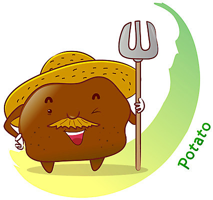 EPS 식물 캐릭터 모자 알파벳 채소 일러스트 감자 사람없음 농작물 갈색 농사 농기구 콧수염 밀짚모자 식물캐릭터 채소캐릭터 쇠스랑 일러캐릭터 모자_잡화 영어 잡화 컬러 농업 수염 파일형식 벡터