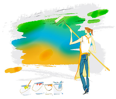 EPS 여자 문화 예술 벽 백그라운드 일러스트 문화예술 미술 한명 서기 사람 성인 페인트 붓 색칠 페인트칠 그리기 양동이 그림 페인트붓 아티스트 여자만 여자한명만 성인여자만 성인만 국내일러스트 직업 1 모션 페인팅 파일형식 벡터