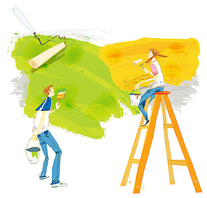 EPS 여자 남자 문화 어린이 예술 벽 백그라운드 일러스트 사다리 문화예술 미술 사람 소녀 소년 두명 친구 페인트 붓 페인트칠 양동이 오브젝트 그림 페인트붓 어린이만 국내일러스트 관계 페인팅 도구 파일형식 벡터