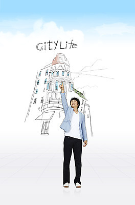 전신 PSD 구름 편집 편집이미지 남자 여행 하늘 주택 한명 서기 미소 웃음 사람 풍경 손짓 성인 건물 가리킴 도시 남자만 남자한명만 성인남자만 성인만 이미지편집 자연요소 1 건축물 모션 표정 파일형식