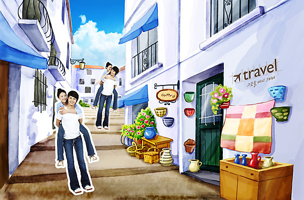 전신 PSD 편집 편집이미지 그릇 커플 여자 남자 여행 거리 사랑 미소 웃음 사람 여러명 성인 걷기 상점 항아리 도자기 업기 성인만 이미지편집 식기 감정 다수 관계 모션 표정 파일형식