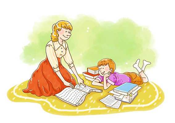 PSD 여자 어린이교육 교육 남자 어린이 엎드리기 포즈 지도 일러스트 수업 미소 웃음 사람 앉기 소년 성인 두명 책 교사 국내일러스트 직업 모션 표정 파일형식