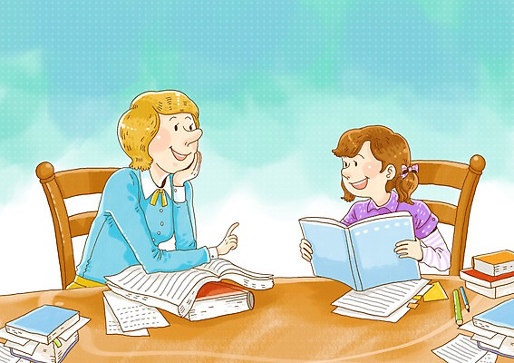 PSD 여자 어린이교육 교육 종이 어린이 지도 의자 일러스트 탁자 수업 미소 웃음 사람 소녀 성인 두명 책 연필 교사 여자만 국내일러스트 직업 가구 학용품 표정 필기구 파일형식