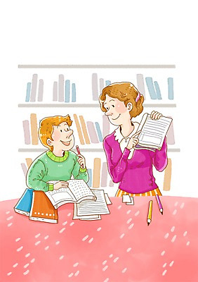 PSD 여자 어린이교육 교육 남자 어린이 지도 일러스트 수업 책장 설명 미소 웃음 사람 소년 성인 두명 책 연필 교사 공책 책상 국내일러스트 직업 가구 모션 문구용품 학용품 표정 필기구 파일형식