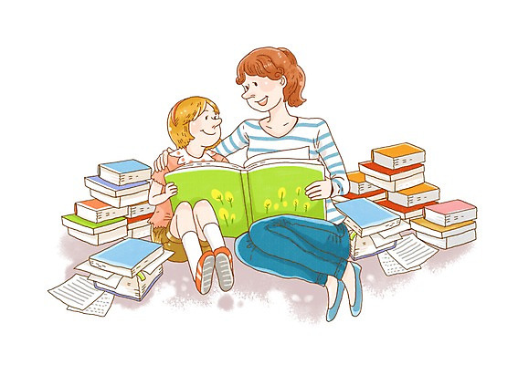 PSD 학생 여자 어린이교육 교육 어린이 지도 일러스트 미소 웃음 사람 소녀 성인 두명 책 독서 교사 독서교육 여자만 국내일러스트 직업 표정 파일형식