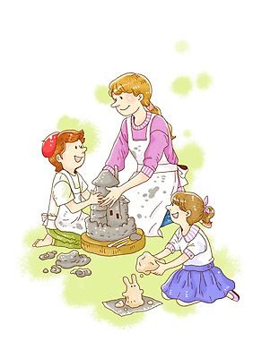 PSD 여자 어린이교육 교육 남자 어린이 지도 일러스트 교과목 맨발 수업 미술 미소 웃음 사람 소녀 소년 성인 세명 교사 공예 만들기 점토 진흙 미술교육 국내일러스트 직업 모션 발 문화예술 표정 취미 파일형식