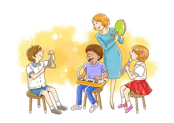 PSD 여자 어린이교육 교육 남자 어린이 악기 음악 지도 연주 의자 일러스트 교과목 수업 타악기 관악기 미소 웃음 사람 앉기 소녀 소년 여러명 성인 교사 피리 음악교육 탬버린 리코더 멜로디언 국내일러스트 직업 가구 다수 모션 문화예술 표정 목관악기 파일형식