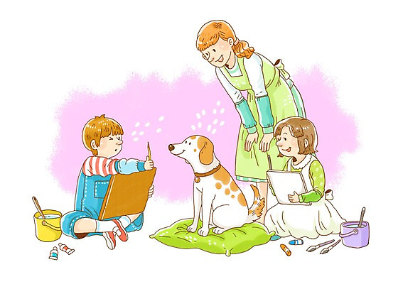 PSD 동물 한마리 여자 어린이교육 교육 남자 어린이 지도 일러스트 포유류 교과목 수업 방석 미술 미소 웃음 사람 소녀 소년 성인 세명 반려동물 연필 교사 앞치마 물감 미술도구 붓 그리기 개 강아지 물통 스케치북 그림 크레파스 미술교육 국내일러스트 직업 1 모션 문화예술 학용품 표정 필기구 오브젝트 파일형식