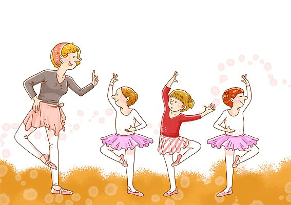 PSD 여자 어린이교육 교육 어린이 포즈 지도 일러스트 수업 미소 웃음 사람 소녀 여러명 성인 교사 춤 발레 발레복 토슈즈 레슨 발레수업 발레학원 여자만 국내일러스트 직업 옷 다수 신발 문화예술 표정 학원 파일형식