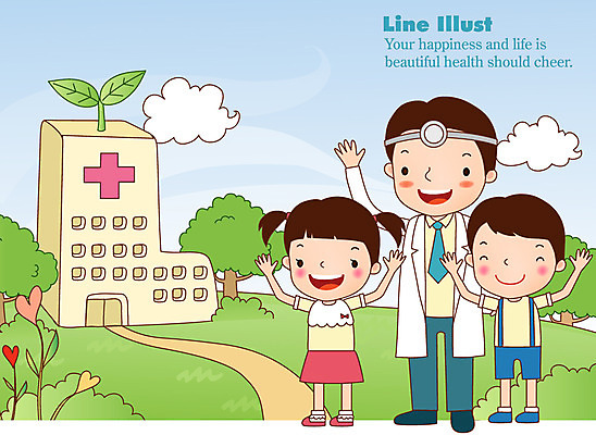 EPS 전신 나무 식물 구름 손 남자 길 어린이 라인일러스트 일러스트 의학 하늘 병원 서기 미소 웃음 사람 소녀 소년 잔디 초원 성인 건물 치료 세명 새싹 의사 인사 풀 흔들림 안녕 국내일러스트 자연요소 건축물 여자 모션 표정 신체부위 의료진 예절 파일형식 벡터
