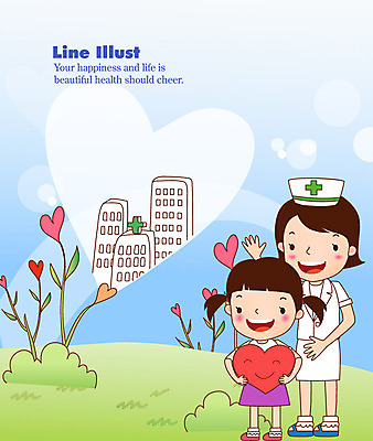 EPS 전신 식물 여자 꽃 어린이 라인일러스트 일러스트 의학 병원 서기 미소 웃음 사람 소녀 잔디 초원 성인 두명 건물 치료 환자 간호사 하트 여자만 국내일러스트 모양 건축물 모션 표정 의료진 파일형식 벡터