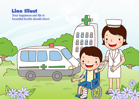 EPS 전신 나무 식물 여자 꽃 어린이 꽃밭 라인일러스트 일러스트 의학 휴식 병원 서기 미소 웃음 사람 앉기 소년 잔디 성인 두명 건물 치료 정원 산책 간호사 구급차 휠체어 붕대 재활 국내일러스트 건축물 남자 컨셉 모션 자동차 표정 의료진 파일형식 벡터