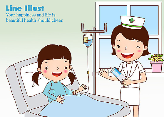 EPS 여자 화분 어린이 라인일러스트 일러스트 창문 의학 병원 미소 웃음 사람 앉기 소녀 성인 두명 치료 환자 간호사 침대 링거 병실 입원 여자만 국내일러스트 가구 의료기기 모션 표정 의료진 파일형식 벡터
