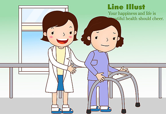 EPS 전신 여자 라인일러스트 일러스트 의학 의료기기 병원 서기 미소 웃음 사람 성인 두명 치료 환자 의사 물리치료 물리치료사 보행기 재활 여자만 성인여자만 성인만 국내일러스트 모션 표정 의료진 치료사 파일형식 벡터