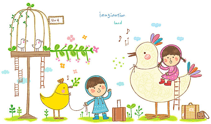 EPS 식물 동물 여자 남자 꽃잎 꽃 어린이 가방 일러스트 사다리 상상 조류 사람 소녀 소년 두명 친구 판타지 새싹 풀 어린이상상 새장 어린이만 동심 국내일러스트 잡화 관계 도구 케이지 파일형식 벡터