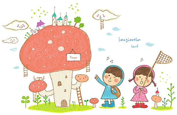 EPS 전신 나무 식물 구름 여자 남자 어린이 일러스트 사다리 상상 주택 서기 미소 웃음 사람 소녀 소년 두명 친구 판타지 버섯 풀 어린이상상 곤충채집 채집망 어린이만 동심 국내일러스트 자연요소 곤충 관계 모션 표정 건물 도구 수집 파일형식 벡터