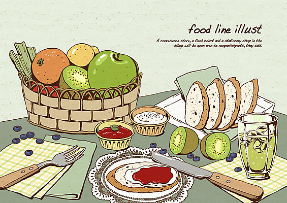 PSD 접시 음료 음식 빵 포크 채소 과일 라인일러스트 일러스트 식탁 귤 키위 사람없음 바구니 주스 빵집 나이프 사과 바게트 잼 크림 냅킨 블루베리 레시피 샐러리 국내일러스트 식기 탁자 상점 소스_음식 칼 파일형식