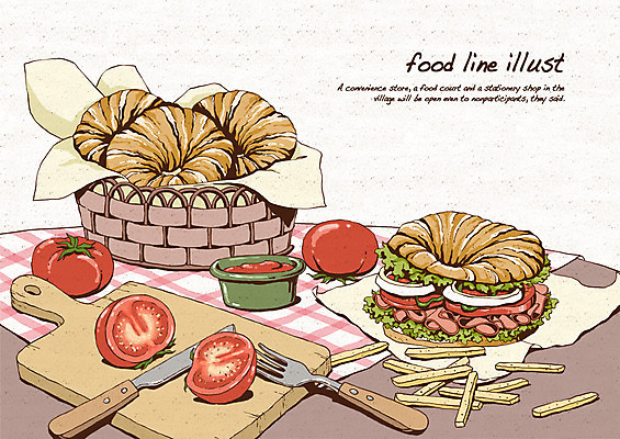 PSD 음식 빵 포크 토마토 채소 라인일러스트 일러스트 식탁 양파 디저트 도마 샌드위치 사람없음 바구니 빵집 감자튀김 식탁보 나이프 잼 크루아상 베이컨 레시피 크루아상샌드위치 국내일러스트 식기 탁자 주방용품 감자 돼지고기 상점 튀김 소스_음식 칼 파일형식