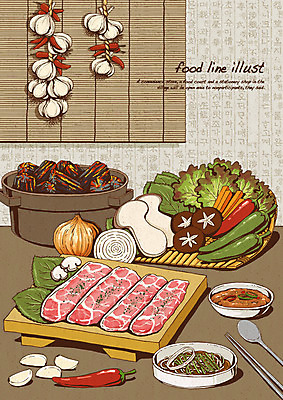 PSD 접시 한식 라인일러스트 일러스트 젓가락 고추 식탁 양파 수저 매달리기 마늘 돼지고기 한글 사람없음 바구니 숟가락 버섯 당근 상추 삼겹살 깻잎 쌈장 화로 숯불 고기요리 나무도마 나무발 쌈채소 국내일러스트 문자 그릇 식기 음식 채소 모션 탁자 뿌리채소 도마 육류 목재 양념 파일형식