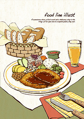 PSD 접시 음료 음식 빵 포크 채소 라인일러스트 일러스트 밥 오이 사람없음 바구니 주스 샐러드 식탁보 나이프 돈가스 바게트 잼 냅킨 단무지 레시피 국내일러스트 식기 소스_음식 칼 커틀릿 파일형식