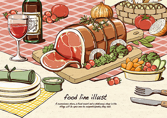 PSD 접시 음식 빵 포크 토마토 채소 와인잔 라인일러스트 일러스트 양파 오이 잔 도마 육류 요리 사람없음 바구니 와인 당근 식탁보 나이프 브로콜리 허브 냅킨 레시피 고기요리 훈제 훈제고기 훈제요리 국내일러스트 식물 식기 술잔 식재료 주방용품 뿌리채소 주류 칼 파일형식