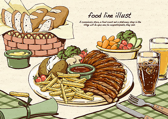 PSD 접시 음료 음식 빵 포크 토마토 라인일러스트 일러스트 식탁 감자 육류 요리 사람없음 바구니 주스 당근 감자튀김 나이프 브로콜리 냅킨 고구마 콜라 레시피 고기요리 바비큐립 폭립 국내일러스트 식기 채소 식재료 탁자 뿌리채소 튀김 칼 바비큐 탄산음료 파일형식