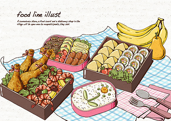 PSD 한식 음식 포크 과일 라인일러스트 일러스트 밥 반찬 새우 바나나 육류 사람없음 숟가락 치킨 프라이드치킨 초밥 배 돗자리 냅킨 김밥 햄 도시락 레시피 계란말이 유부초밥 국내일러스트 식기 식재료 수저 갑각류 계란요리 닭고기요리 일본음식 파일형식