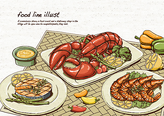 PSD 접시 음식 토마토 라인일러스트 일러스트 피망 새우 파프리카 육류 사람없음 해물요리 브로콜리 바닷가재 레몬 해산물 아스파라거스 레시피 연어구이 테이블매트 국내일러스트 식기 채소 과일 식재료 갑각류 식탁보 가재 생선구이 파일형식