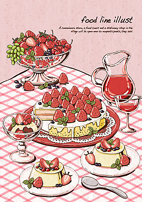 PSD 접시 음료 음식 과일 라인일러스트 일러스트 딸기 포도 아이스크림 디저트 사람없음 케이크 와인 숟가락 주스 식탁보 블루베리 레시피 푸딩 딸기케이크 국내일러스트 식기 주류 수저 파일형식