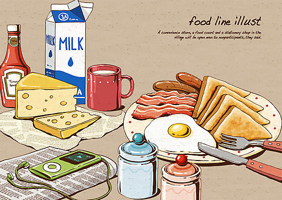 PSD 접시 종이 음식 포크 라인일러스트 일러스트 식탁 치즈 사람없음 컵 우유 소시지 신문 나이프 아침식사 MP3 계란프라이 케첩 식빵 양념통 베이컨 레시피 국내일러스트 식기 빵 탁자 유제품 통 돼지고기 간행물 전자제품 식사 양념 소스_음식 가공식품 뉴스 칼 계란요리 파일형식