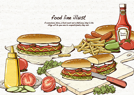 PSD 종이 음식 빵 토마토 채소 라인일러스트 일러스트 방울토마토 양파 피망 오이 도마 패스트푸드 사람없음 감자튀김 햄버거 소시지 나이프 케첩 머스터드 레시피 핫도그 국내일러스트 식기 주방용품 감자 튀김 소스_음식 가공식품 칼 인스턴트 파일형식