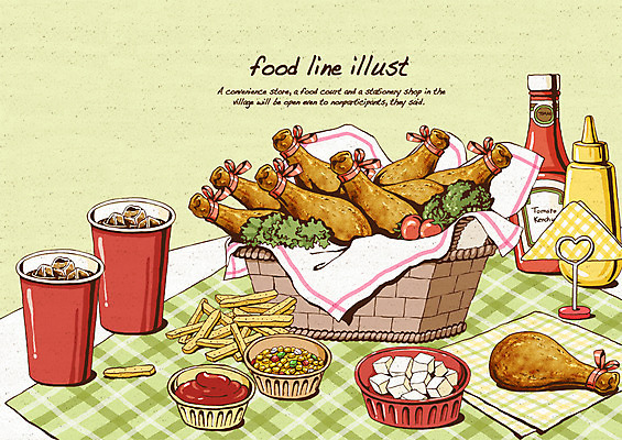 PSD 음료 음식 토마토 라인일러스트 일러스트 식탁 패스트푸드 옥수수 사람없음 바구니 얼음 치킨 프라이드치킨 감자튀김 식탁보 화장지 브로콜리 무 케첩 머스터드 냅킨 콜라 레시피 국내일러스트 자연요소 채소 탁자 곡류 감자 뿌리채소 튀김 소스_음식 인스턴트 탄산음료 닭고기요리 파일형식