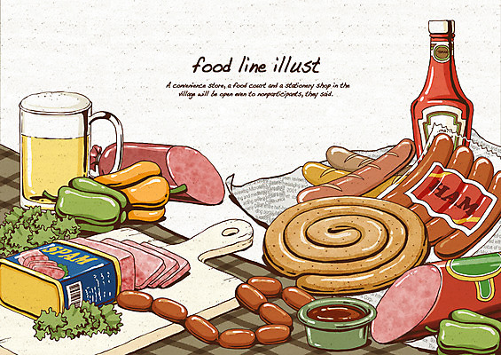 PSD 종이 음식 채소 라인일러스트 일러스트 식탁 피망 도마 맥주 사람없음 식탁보 소시지 가공식품 케첩 햄 레시피 스팸 국내일러스트 탁자 주방용품 주류 육류 소스_음식 파일형식