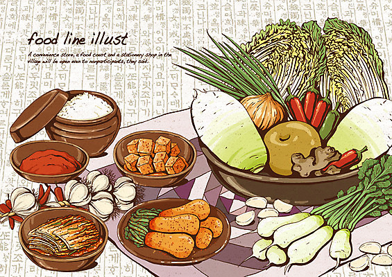 PSD 한국문화 접시 한식 음식 채소 라인일러스트 일러스트 식재료 고추 양파 김치 마늘 한글 사람없음 식탁보 항아리 배 무 깍두기 배추 소금 배추김치 레시피 김장 파 생강 총각김치 고춧가루 김장재료 국내일러스트 문자 동양문화 식기 과일 뿌리채소 한국 도자기 가루 파일형식