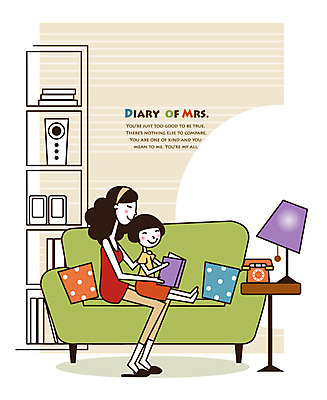 EPS 라이프스타일 여자 딸 어린이 액자 쿠션 일러스트 모녀 엄마 미소 웃음 사람 소녀 성인 두명 라이프 책 30대 소파 독서 육아 자녀 스탠드 전화기 주부 오디오 미시라이프 주부라이프 여자만 국내일러스트 의자 가족 조명 표정 생활 장년 전자제품 파일형식 벡터