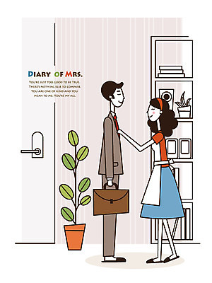 EPS 전신 라이프스타일 부부 커플 여자 남자 화분 액자 가사 서류가방 일러스트 남편 넥타이 서기 미소 웃음 사람 성인 두명 라이프 책 30대 앞치마 만지기 현관문 준비 주부 출근 오디오 출근준비 미시라이프 주부라이프 장년만 성인만 국내일러스트 잡화 가방 관계 모션 표정 생활 장년 전자제품 문 출퇴근 파일형식 벡터