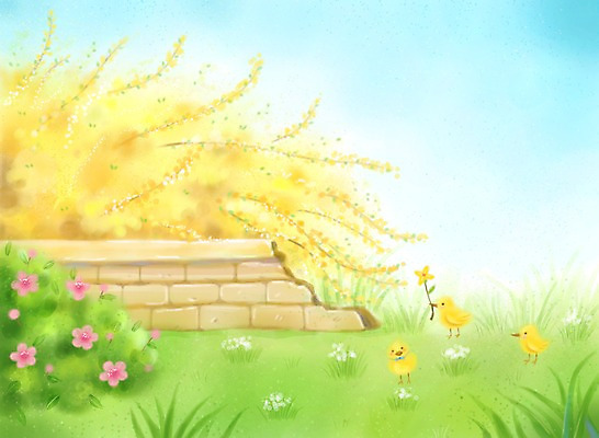 PSD 식물 동물 사계절 계절 꽃 백그라운드 일러스트 봄꽃 자연 병아리 세마리 풍경 잔디 초원 사람없음 담장 노란색 봄풍경 봄 개나리 계절백그라운드 봄배경 국내일러스트 컬러 조류 3 생태계 파일형식