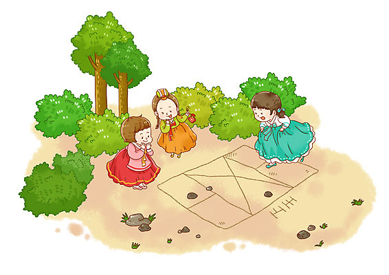 전신 PSD 나무 한국문화 한국전통 전통 여자 전통문화 문화 어린이 일러스트 놀이 한국 서기 미소 웃음 사람 소녀 세명 전통놀이 돌_바위 조약돌 숲 전통의상 한복 땅 그림 땅따먹기 여자만 어린이만 소녀만 국내일러스트 식물 동양문화 아시아 모션 표정 파일형식