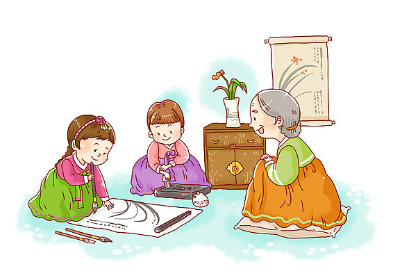 전신 PSD 한국문화 한국전통 전통 여자 노년 화분 전통문화 문화 일러스트 서예 한국 미소 웃음 사람 앉기 성인 세명 붓 그리기 전통의상 한복 먹 그림 서랍장 벼루 화선지 여자만 성인여자만 노인만 성인만 노인여자만 국내일러스트 동양문화 아시아 가구 모션 표정 한지 파일형식