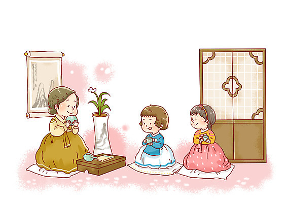 전신 PSD 한국문화 한국전통 전통 여자 화분 전통문화 문화 일러스트 자동차 한국 방석 미소 웃음 사람 앉기 성인 세명 문 다도 전통의상 한복 그림 여자만 성인여자만 성인만 국내일러스트 동양문화 아시아 육상교통 모션 표정 예절 파일형식