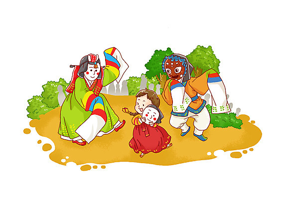 전신 PSD 한국문화 한국전통 전통 전통문화 문화 어린이 일러스트 놀이 한국 가면 서기 사람 소녀 세명 전통놀이 전통의상 한복 탈춤 전통무용 탈 여자만 어린이만 소녀만 국내일러스트 동양문화 여자 아시아 모션 춤 전통공연 파일형식