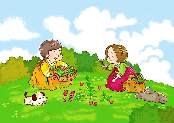 PSD 식물 동물 구름 한마리 한국문화 한국전통 전통 여자 꽃 전통문화 문화 일러스트 하늘 한국 미소 웃음 사람 앉기 두명 반려동물 풀 강아지 전통의상 한복 여자만 국내일러스트 자연요소 1 동양문화 아시아 모션 표정 개 파일형식