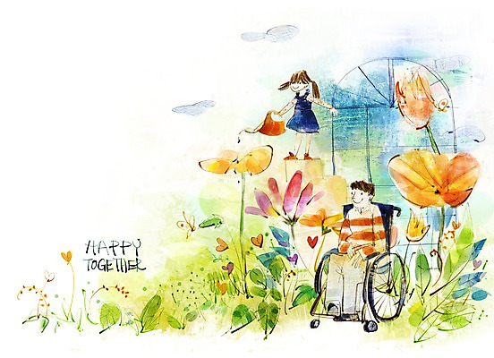 전신 PSD 식물 여자 남자 꽃 어린이 꽃밭 일러스트 희망프로젝트 사랑 서기 미소 웃음 사람 앉기 소녀 성인 두명 정원 희망 물뿌리개 사회 장애인 사회이슈 사회복지 복지 휠체어 국내일러스트 감정 컨셉 모션 표정 장애 공동체 파일형식